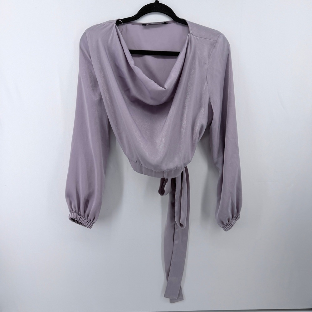 Zara Lilac Purple Cowl Neck Satin Cropped Blouse Long Sleeve Tie Back Size M